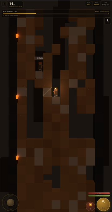 A screenshot from the mobile game 'Deepstone Mine,' showing a dark underground mining environment with brown blocks, where a player named 'X Dallas' is interacting with a wooden crate.