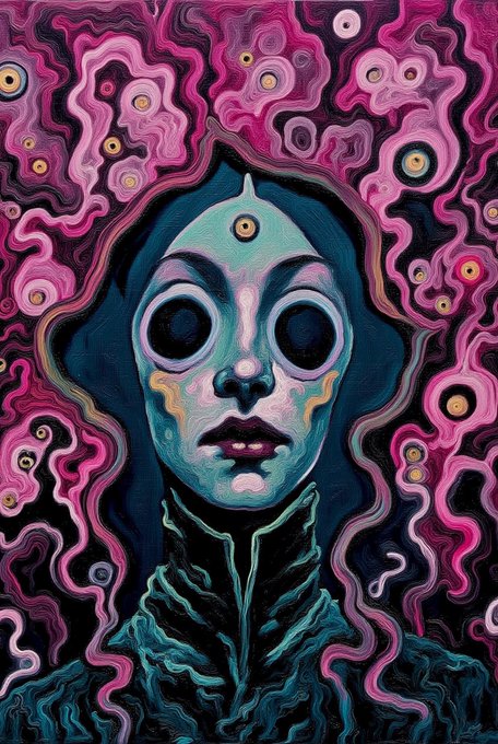A surreal, psychedelic painting features a pale, blue-skinned figure with large hollow eyes and a small third eye on the forehead, surrounded by undulating pink and magenta patterns filled with numerous staring eyes.