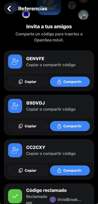 A Spanish-language mobile screen titled 'Referencias' with the instruction 'Invita a tus amigos' lists referral codes like GENVFE, 89DVDJ, and CC2CXY, each with 'Copiar' and 'Compartir' buttons.