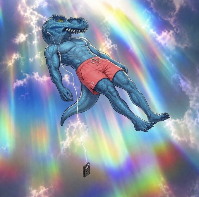 A surreal digital illustration of a muscular, anthropomorphic blue dinosaur wearing red swim trunks, floating in a colorful sky with a rainbow while holding an earphone cable trailing to a small device.