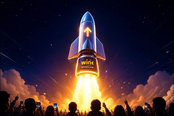 A digital illustration of a rocket ship with 'WINkLink' branding launching into a starry night sky, with a crowd of people below holding up phones to capture the dramatic fiery takeoff.