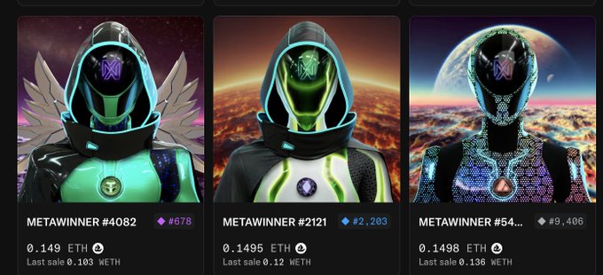 A cryptocurrency/NFT marketplace showing three 'METAWINNER' collectibles (#4082, #2121, #54) priced in ETH with various non-fungible token numbers.