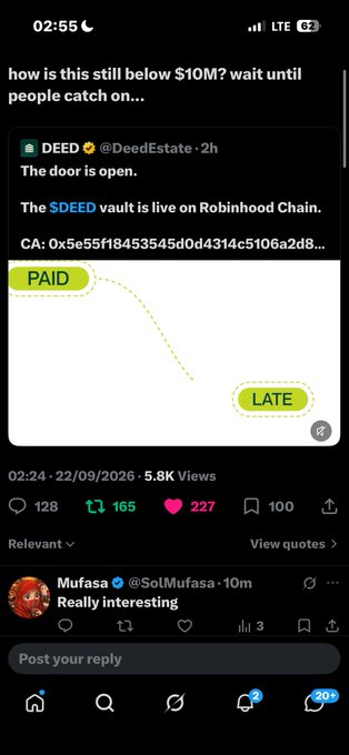 Screenshot of a social media feed showing a post by @DeedEstate about the $DEED vault being live on Robinhood Chain, with 5.8K views and a reply by @SolMufasa.