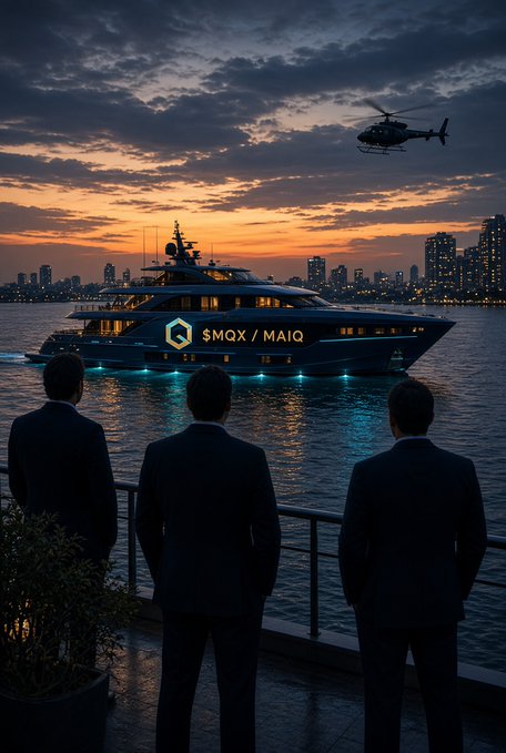 Three businessmen in suits stand on a balcony at sunset watching a yacht labeled 'SMQX / MAIQ' on the water with a helicopter hovering overhead and city skyline in the background.