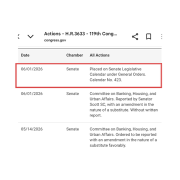The image shows a document with text that reads, "Clarity Act will do away with manipulation. Until it passes prepare for volatility. Don't get shaken out!". The document also includes various dates such as 06/01/2026, 01/14/2026 and a date of the action taken. This may suggest the post is related to an issue surrounding transparency or regulation in the financial sector.