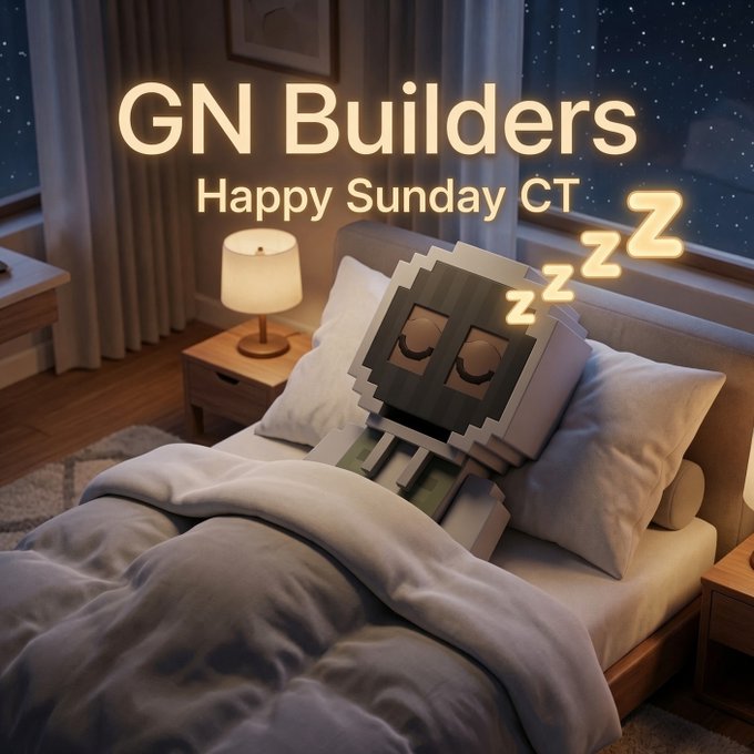 A 3D rendered image of a pixelated character sleeping in a cozy bed, with glowing text overlay reading 'GN Builders Happy Sunday CT' and 'Zzz' indicating sleep.