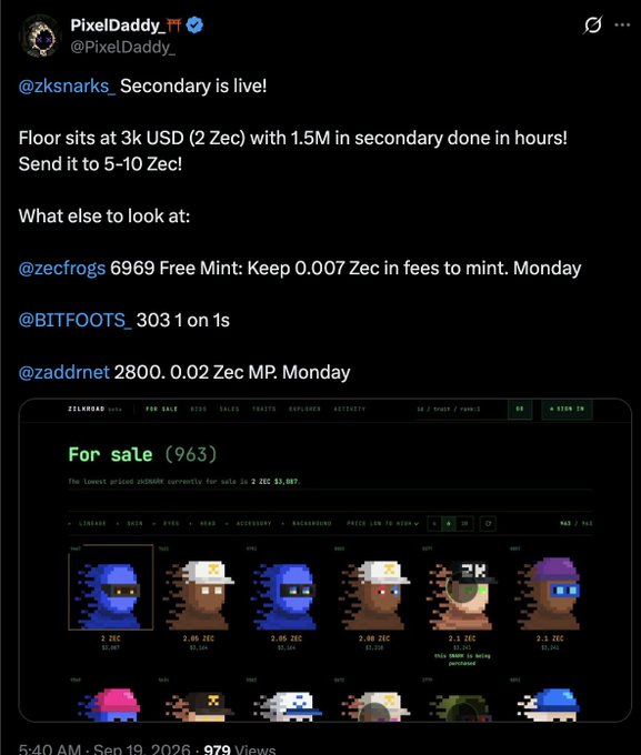 A screenshot of a tweet from @PixelDaddy_ discussing Zcash, mentioning '@zksnarks Secondary is live!' and 'Floor sits at 3k USD (2 Zec)', along with a screenshot of a ZILSNKR marketplace showing pixel-art NFTs for sale.