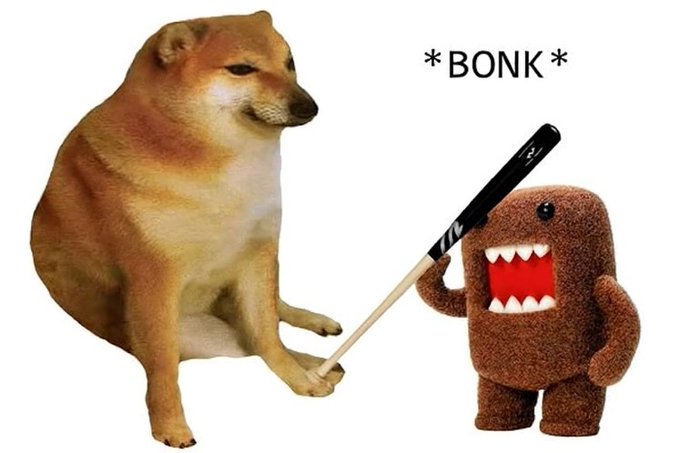 A meme image showing a Shiba Inu dog (Cheems) holding a black baseball bat labeled "*BONK*" pointed at a brown Domo plush character with an open-mouthed expression.