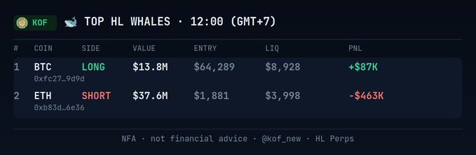 A screenshot from KOF showing the 'TOP HL WHALES' leaderboard at 12:00 (GMT+7), listing BTC as a LONG position with a +$87K PNL and ETH as a SHORT position with a -$463K PNL.