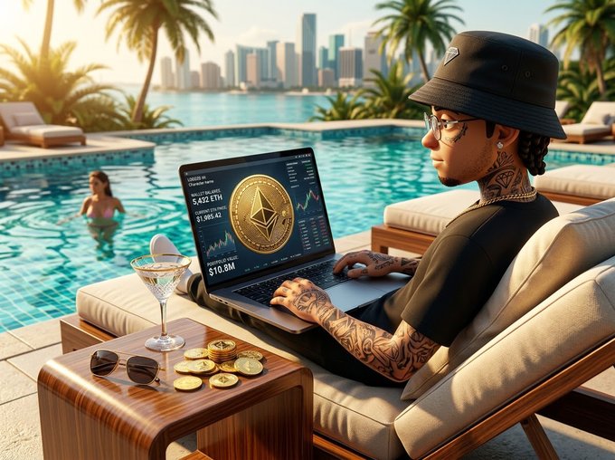 A tattooed man in a bucket hat relaxes by a poolside, looking at a laptop displaying a trading chart with Ethereum values like '5,452 ETH' and 'CURRENT PRICE $1,395.10', alongside gold coins and a cocktail.
