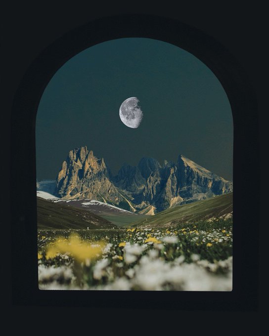 A scenic view through an arched window shows a moonlit sky with a half moon over jagged mountains and a meadow filled with white and yellow wildflowers.