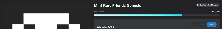 A digital interface shows a 'Mint Rare Friends Genesis' collection with an items minted progress bar at '719 / 1024' and a blue 'Mint' button for a Whitelist FCFS.