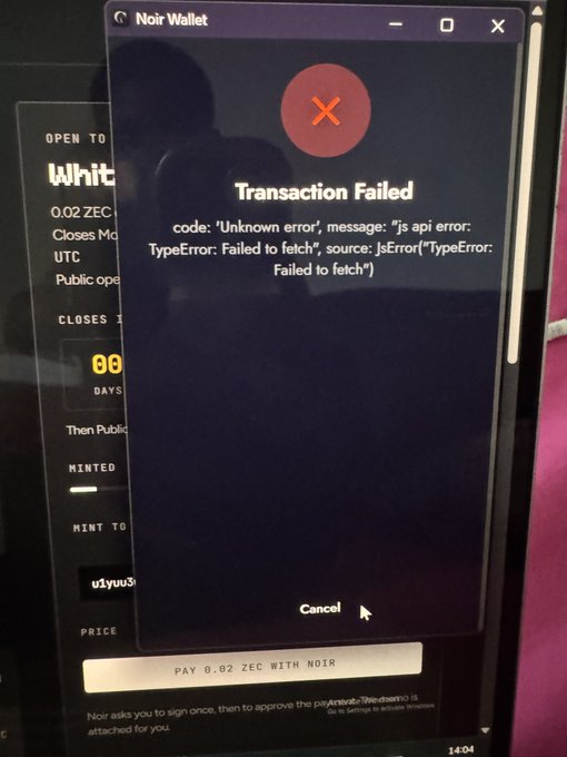 A Noir Wallet error popup displaying "Transaction Failed" with a "TypeError: Failed to fetch" message, shown while attempting to mint an NFT for 0.02 ZEC, illustrating the user's reported difficulty in minting their zkSNARKs whitelist NFT.