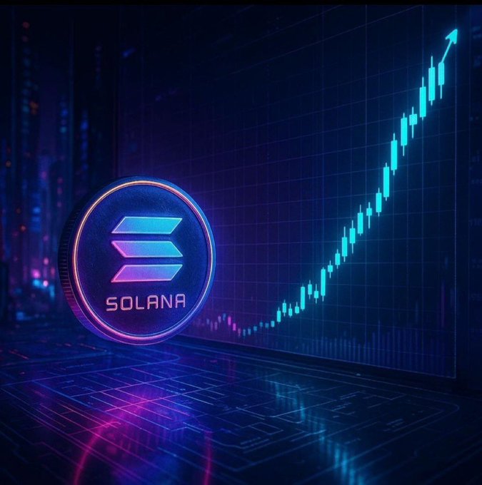 A glowing 3D Solana (SOL) coin is displayed beside a rising cyan candlestick chart with an upward arrow, set against a neon-lit cyberpunk background. The imagery reinforces the post's request for the next big project on Solana by visually emphasizing bullish momentum and the blockchain's brand.