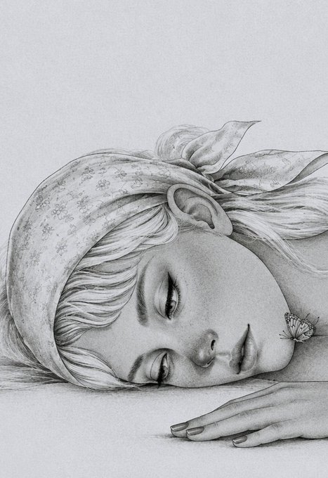 A detailed pencil sketch of a sleeping woman with a bandana and a bow in her hair, with a small butterfly resting on her nose.
