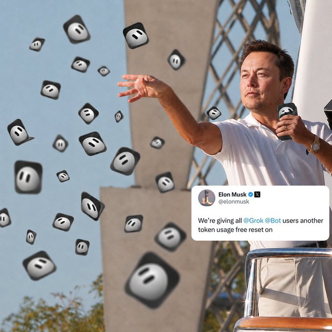 A composite image showing Elon Musk pointing outward, surrounded by floating Grok AI icons, with an embedded tweet reading 'We're giving all @Grok @Bot users another token usage free reset on'.