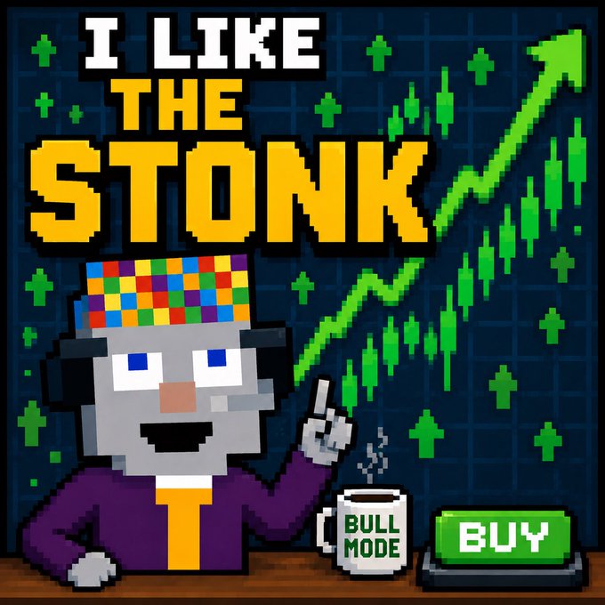 A pixel-art image features a gray character wearing a colorful checkered cap and purple jacket, giving a thumbs-up next to a "BULL MODE" coffee mug and a green "BUY" button, with a rising green stock chart arrow in the background. The bold text reads "I LIKE THE STONK," which is the $STONKBROKER meme referenced in the post as the rallying token for the Stonkbrokers community.