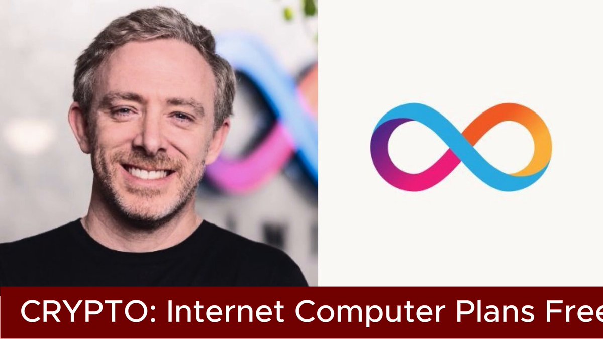 The image features a man smiling next to a computer screen with the text "Cypto! Internet Computer Plans Free Cloud Engine Rollout Internet Computer ( @dfinity ) founder Dominic Williams ( @dominic_w ) says a growing number of enterprises are waiting for ICP cloud engines". The man is positioned in front of a computer, and there's an advertisement or promotional image related to the project.