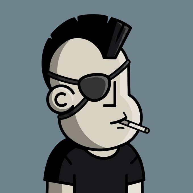 The image features a cartoon character wearing glasses, a black shirt, and a bandana around their neck. They are holding a cigarette in their mouth while standing against a blue background. The caption reads "Finally we're going to 0 as promised @npconchain". This suggests that the post is related to a game or event involving the character's appearance or actions within the context of the image.