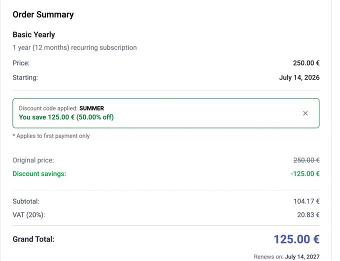 Order summary for a Basic Yearly subscription showing a discounted price of 125.00 € (50% off with code SUMMER), starting July 14, 2026, with a grand total of 125.00 € including 20% VAT.