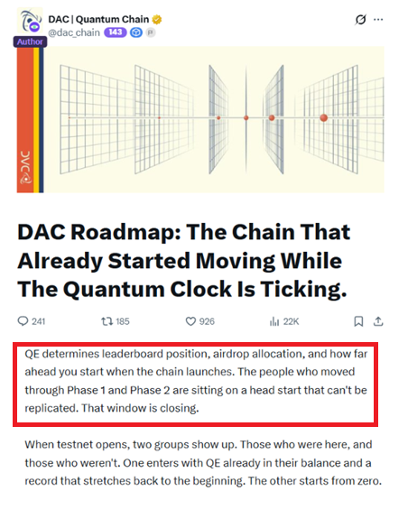 A tweet from DAC | Quantum Chain (@dac_chain) displays a 3D perspective graphic with red dots aligned along a horizontal axis, titled "DAC Roadmap: The Chain That Already Started Moving While The Quantum Clock Is Ticking," garnering 241 comments, 185 reposts, 926 likes, and 22K views. A highlighted excerpt explains that Quantum Energy (QE) determines leaderboard position, airdrop allocation, and timing advantage for users who participated in early Phase 1 and Phase 2 launches, reinforcing the post's message that QE directly impacts airdrop rewards and rewards early adopters before the testnet opens.