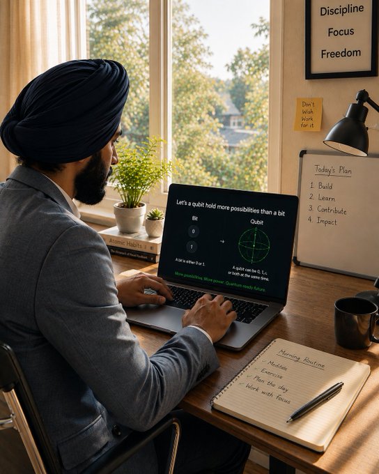 A man wearing a turban and gray suit works at a wooden desk on a laptop displaying a quantum computing concept about qubits, with a morning routine notebook, a whiteboard listing 'Today's Plan,' and a framed poster reading 'Discipline Focus Freedom' nearby.