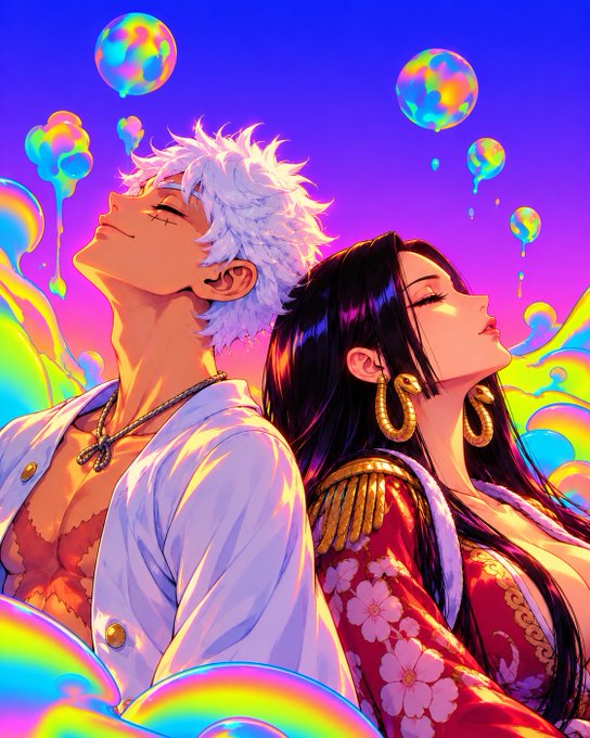 Anime-style digital artwork showing a silver-haired man and a dark-haired woman leaning back together amidst colorful bubbles and fluid shapes.