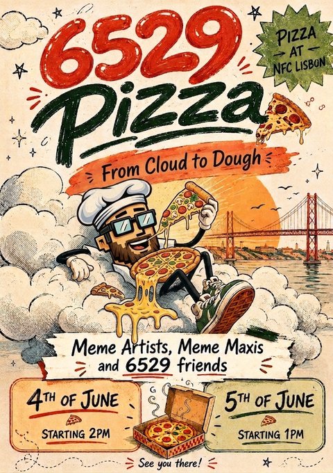 The image features an advertisement for a pizza event that takes place at the NFC Summit. The poster includes a cartoon depiction of a chef holding a slice of pizza with a smile on his face. The text on the poster invites attendees to join the "frens", "artists & maxis" and "friends" for a shared afternoon of conversation, creativity, and connection over two days at the NFC Summit. The event is scheduled to start at 2:00 pm and will run until 5:00 pm.