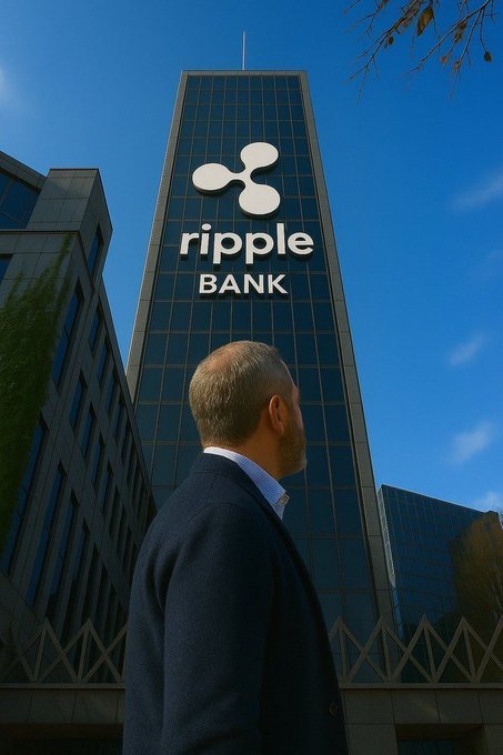 A man stands looking up at a tall glass skyscraper displaying the "ripple BANK" logo prominently against a blue sky, symbolizing Ripple's potential expansion into banking. The image visually reinforces the post's excitement about Ripple Bank's emergence and its strengthening integration with XRP and RLUSD.