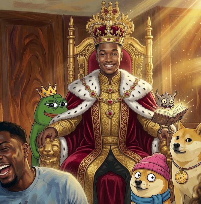 A regal, cartoon-style illustration shows a king wearing a golden crown and red robe enthroned between a laughing man and various meme characters—including a crowned Pepe frog, Shiba Inu dogs wearing medallions marked "B" (Bitcoin), and a grinning goblin reading a spellbook—symbolizing crypto meme culture and bullish excitement that pairs with the post's hype for $ANSEM and an upcoming big move in the market.