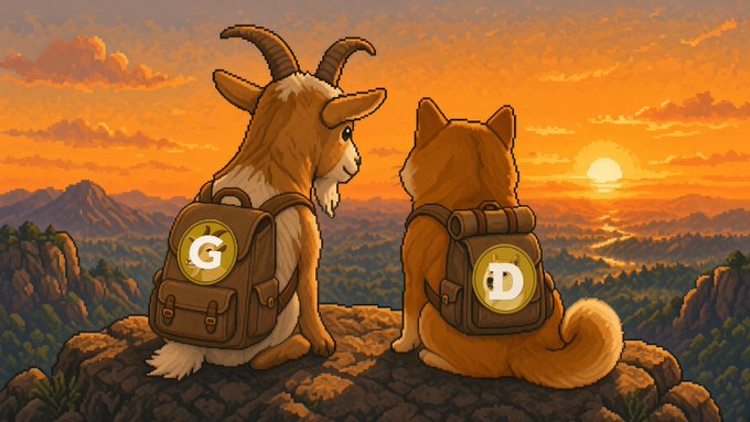 A digital illustration of a goat and a shiba inu dog wearing backpacks labeled 'G' and 'D' (Google and DeepMind logos), sitting on a cliff overlooking a sunset landscape.