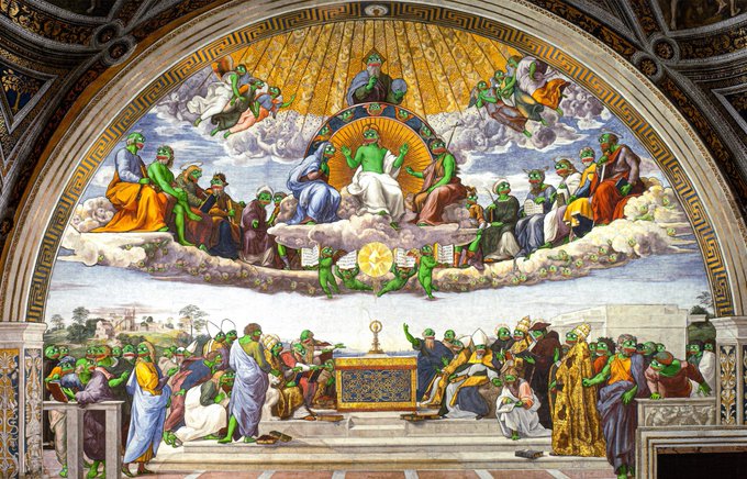 This image appears to be a Renaissance fresco, likely located in the Vatican, depicting a religious scene with figures gathered around an altar with a monstrance in the lower section, while above, a central robed figure sits enthroned among clouds, surrounded by saints, angels, and other heavenly figures arranged in a semicircle beneath a golden mandorla. The composition follows traditional Christian iconography with the upper heavenly realm and lower earthly realm divided by clouds, all framed within an arched architectural setting with decorative borders.