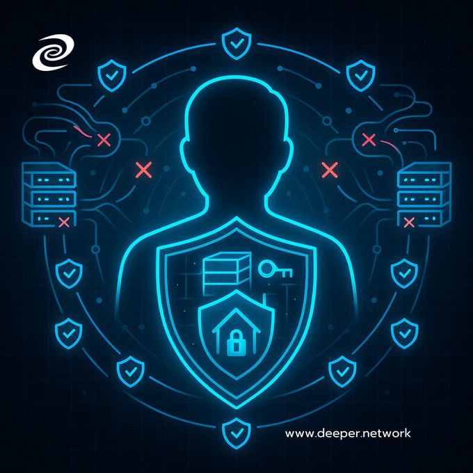 A blue digital illustration showing a person silhouette with a shield containing a home and lock icon, surrounded by checkmarks, servers, and X marks, with 'www.deeper.network' text.