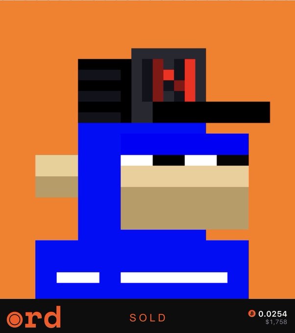 Digital pixel art NFT listing on the ORD platform showing a blocky, abstract character in blue and tan against an orange background, marked as 'SOLD' for $1,758 at a price of 0.0254 ETH.