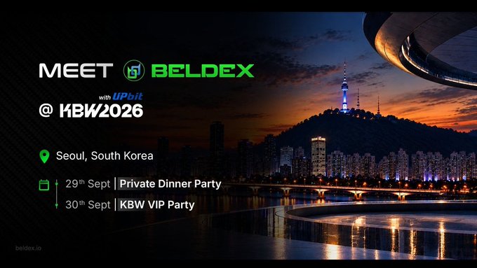 A promotional banner for an event reads 'MEET BELDEX with UPbit @ KBW2026' in Seoul, South Korea, listing a Private Dinner Party on 29th Sept and a KBW VIP Party on 30th Sept.