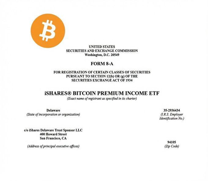 The image shows a document related to Bitcoin Premium Income ETF, which is being filed by BlackRock. The document appears to be in the final stages of preparation for launch.