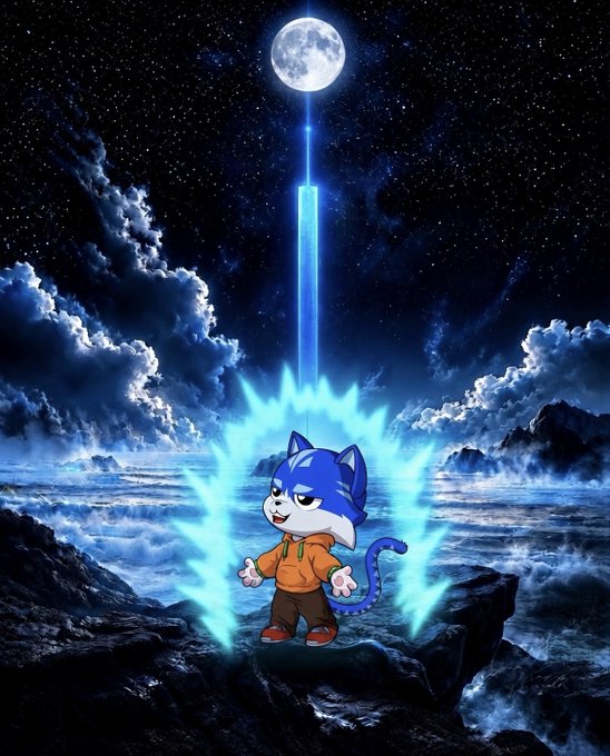 A cartoon cat character in an orange hoodie standing on rocky terrain under a starry night sky with a full moon, surrounded by glowing blue energy wings.