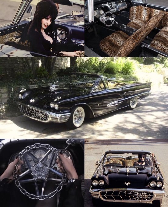 A collage of images showing a custom 1959 Ford Thunderbird convertible with a leopard-print interior, chrome chain steering wheel, and skull accents, featuring a woman with dark hair posing with the black classic car.