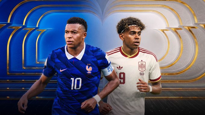 A promotional graphic featuring France's #10 Kylian Mbappé in a blue jersey and Spain's #9 Lamine Yamal in a white jersey, set against stylized blue and gold team emblems, promoting a giveaway contest to predict the France vs Spain match outcome.