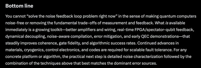 **Caption:** A screenshot of a text article titled "Bottom line" discussing current limitations and available tools for managing quantum computer noise, mentioning techniques like better amplifiers/wiring, real-time FPGA feedback, dynamical decoupling, noise-aware compilation, and error mitigation.

**Relationship to post:** The image appears unrelated to the post about "QFS" cryptocurrency scams and "crypto recovery" fraud. The caption should note this mismatch — the image describes quantum computing error mitigation strategies, while the post warns about crypto scam recovery operations, suggesting the image may have been posted in error or is being used out of context.