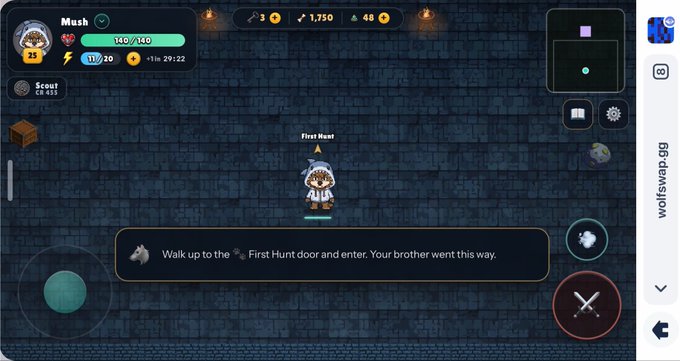 A mobile MMORPG game screenshot featuring a character named 'Mush' (Level 40) in a dark dungeon, with a dialogue box instructing 'Walk up to the first Hunt door and enter. Your brother went this way.'
