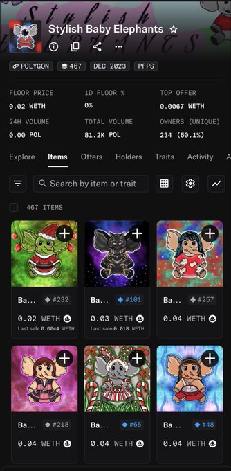 OpenSea marketplace listing for 'Stylish Baby Elephants' Polygon NFT collection with 467 items, showing various baby elephant NFTs with different traits and WETH prices.