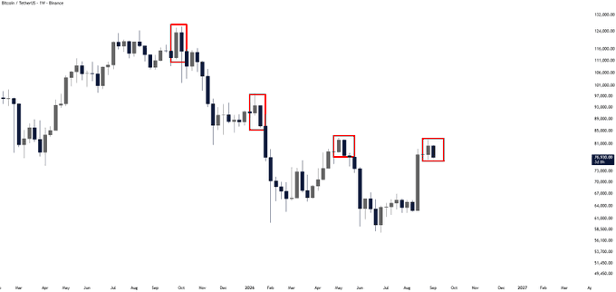 A weekly Bitcoin/TetherUS (BTC/USDT) chart from Binance showing price action from late 2023 through 2024, with red boxes highlighting several bearish engulfing candles—including a recent one near $60,000 that visually confirms the HTF (higher timeframe) reversal signal mentioned in the caption, suggesting caution for bulls following the recent rally.