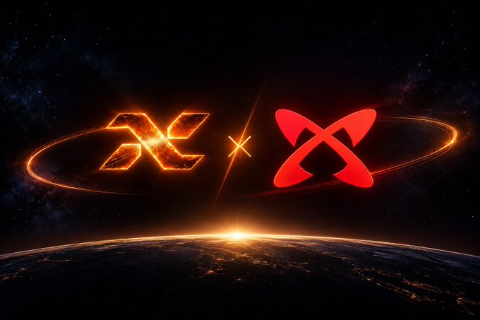 A promotional graphic showing two stylized X-shaped logos (one orange/fiery and one red) in a cosmic space setting above Earth's horizon, suggesting a collaboration between two brands.