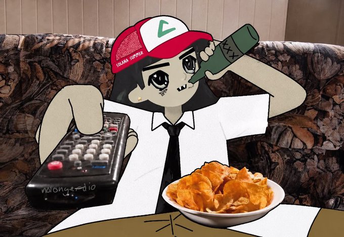 The image is a stylized illustration of a cartoon character wearing a red cap and tie, holding a remote control and a kazoo, with a bowl of tortilla chips in front of them. Text visible includes "C" on the cap, "G" on the kazoo, and "wdionge=dio" written below the remote. The character appears to be enjoying a casual moment at home, matching the relaxed "gm guyss have a lovely weekend" vibe of the post.