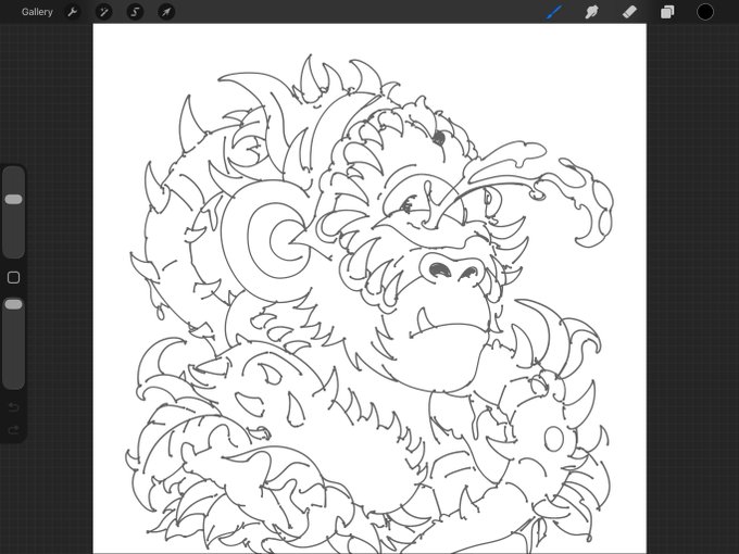 A digital sketch in Procreate of a fierce, spiked, monster-like creature with fangs and claws.