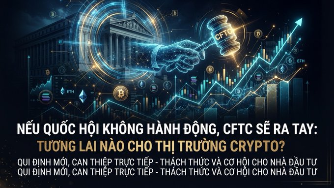 The image is a digital graphic featuring a glowing gavel marked "CFTC" striking against a backdrop of rising cryptocurrency charts and symbols (Bitcoin, ETH, Solana, etc.), with the headline "NẾU QUỐC HỘI KHÔNG HÀNH ĐỘNG, CFTC SẼ RA TAY: TƯƠNG LAI NÀO CHO THỊ TRƯỜNG CRYPTO?" and subtitle about new regulations, direct intervention, and challenges/opportunities for investors.

The graphic visually reinforces the article's message about the CFTC potentially taking unilateral regulatory action on the crypto market if Congress fails to pass the CLARITY Act, symbolizing enforcement through the gavel amid bullish market trends.