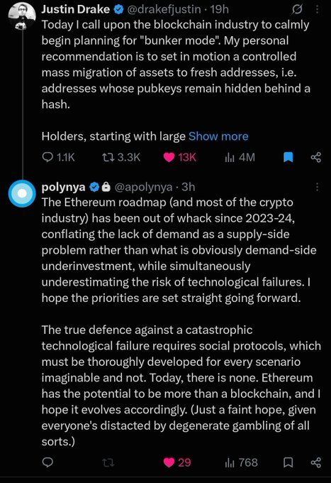Screenshot of two X (Twitter) posts. The top post by Justin Drake (@drakefjustin, 19h) reads in part, “Today I call upon the blockchain industry to calmly begin planning for ‘bunker mode’,” and recommends controlled mass migration of assets to fresh addresses hidden behind a hash; it shows 1.1K replies, 3.3K reposts, 13K likes, and 4M views. Below, polynya (@apolynya, 3h), matching the caption “polynya speaks…,” writes that “The Ethereum roadmap (and most of the crypto industry) has been out of whack since 2023-24,” criticizes supply-side framing of demand and underestimating technological failure risk, and says, “Just a faint hope, given everyone’s distracted by degenerate gambling of all sorts.” The polynya post shows 29 likes and 768 views.