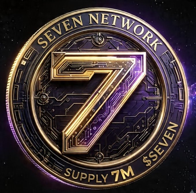 A digital coin logo for "Seven Network" featuring a large stylized gold "7" over a purple circuit-board background, with the inscriptions "SEVEN NETWORK" at the top and "SUPPLY 7M  $SEVEN" at the bottom, visually reinforcing the post's announcement of the $SEVN token with a 7,000,000 total supply on Solana.