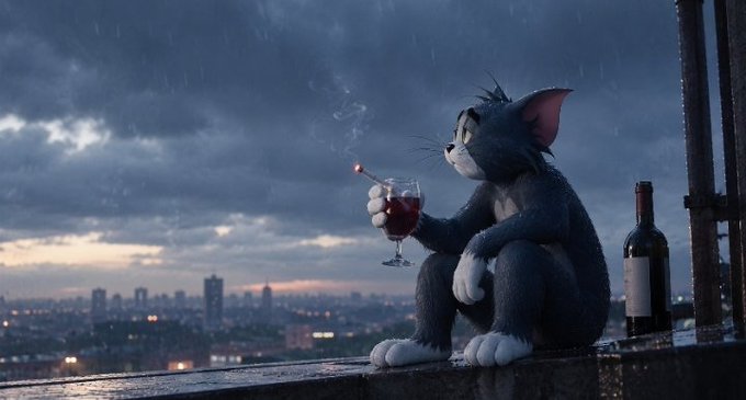 An animated scene of Tom (from Tom and Jerry) sitting on a rooftop ledge at dusk, smoking a cigarette in one hand while holding a glass of red wine, with a wine bottle beside him and a city skyline in the background.